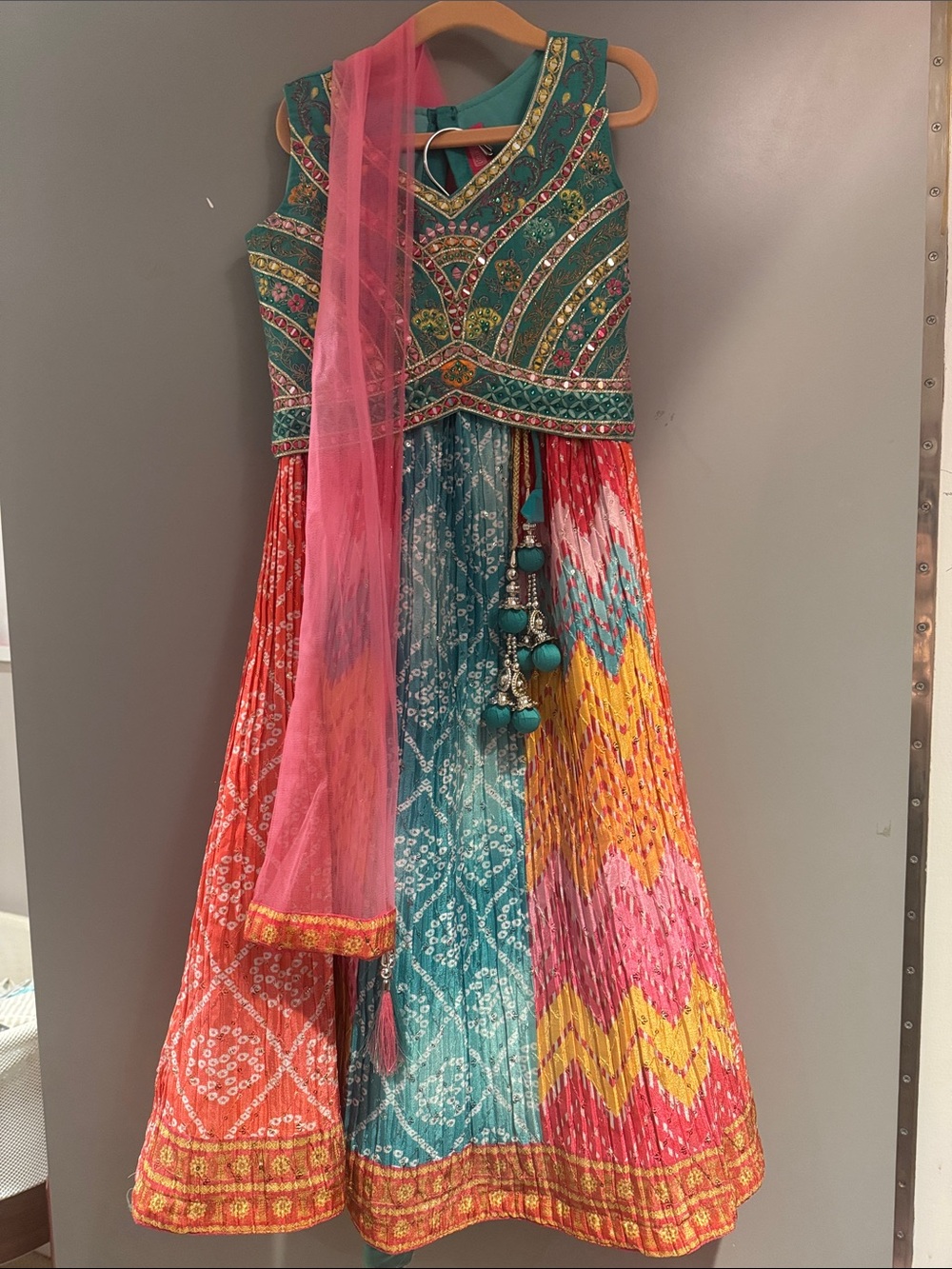 Colorful Indian Lehenga Set with Teal Embellished Top & Pink Dupatta
